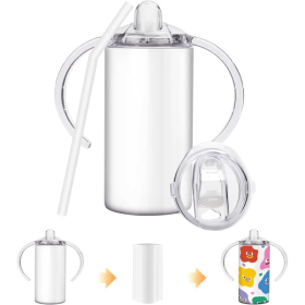 Sublimation Sippy Cup Blank With Handle, 12oz Stainless Steel Sippy Cups, Kids Cups With Straws And Lids Spill Proof Double Wall Vacuum Cups For (Color: White)